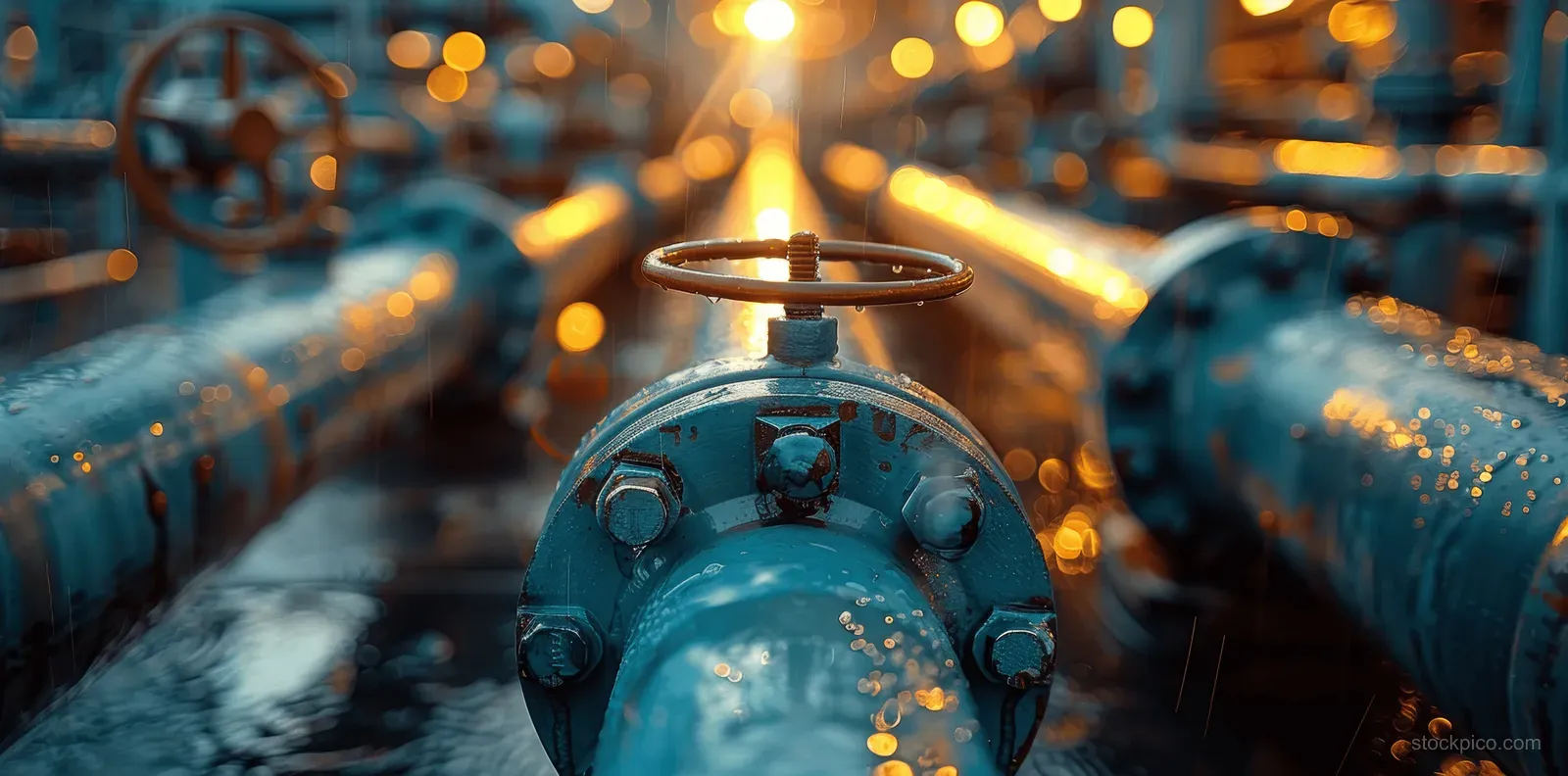 Blue pipeline valve and connected pipes with sunlit bokeh lights in the background.