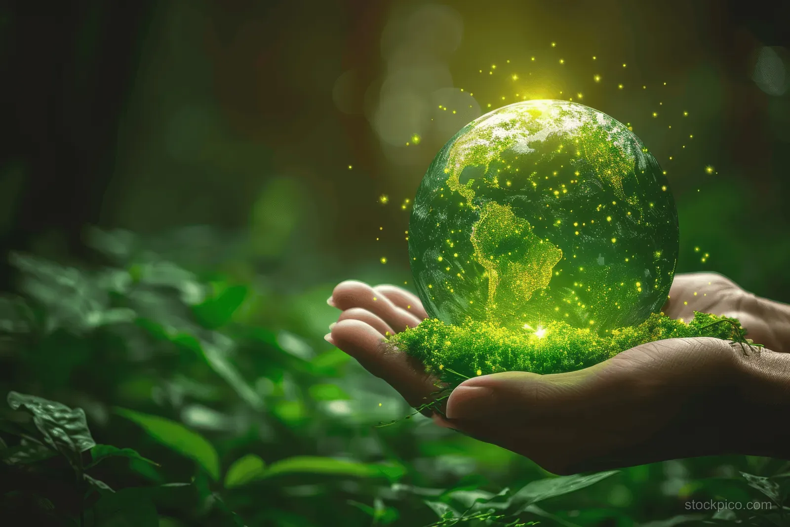 Two hands hold a glowing green Earth sphere above lush forest leaves with lighted energy icon accents.