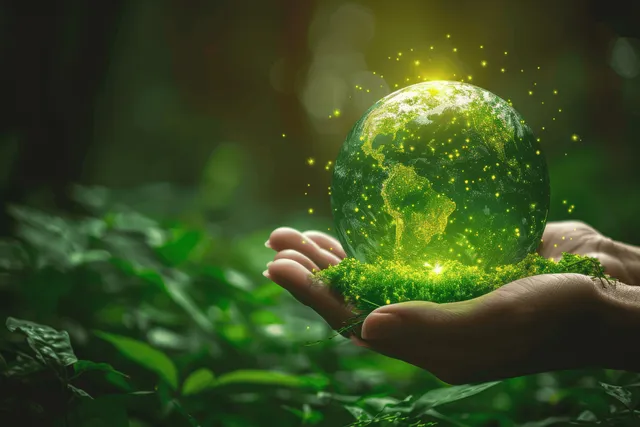 Two hands hold a glowing green Earth sphere above lush forest leaves with lighted energy icon accents.