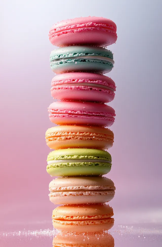 Colorful French macarons stacked in a close-up on a soft pastel gradient