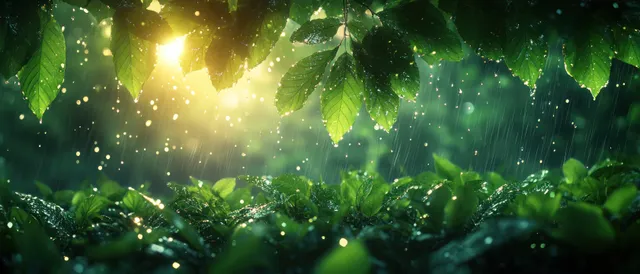 Sunlight filters through leafy forest branches as raindrops shimmer in the air above the green undergrowth.