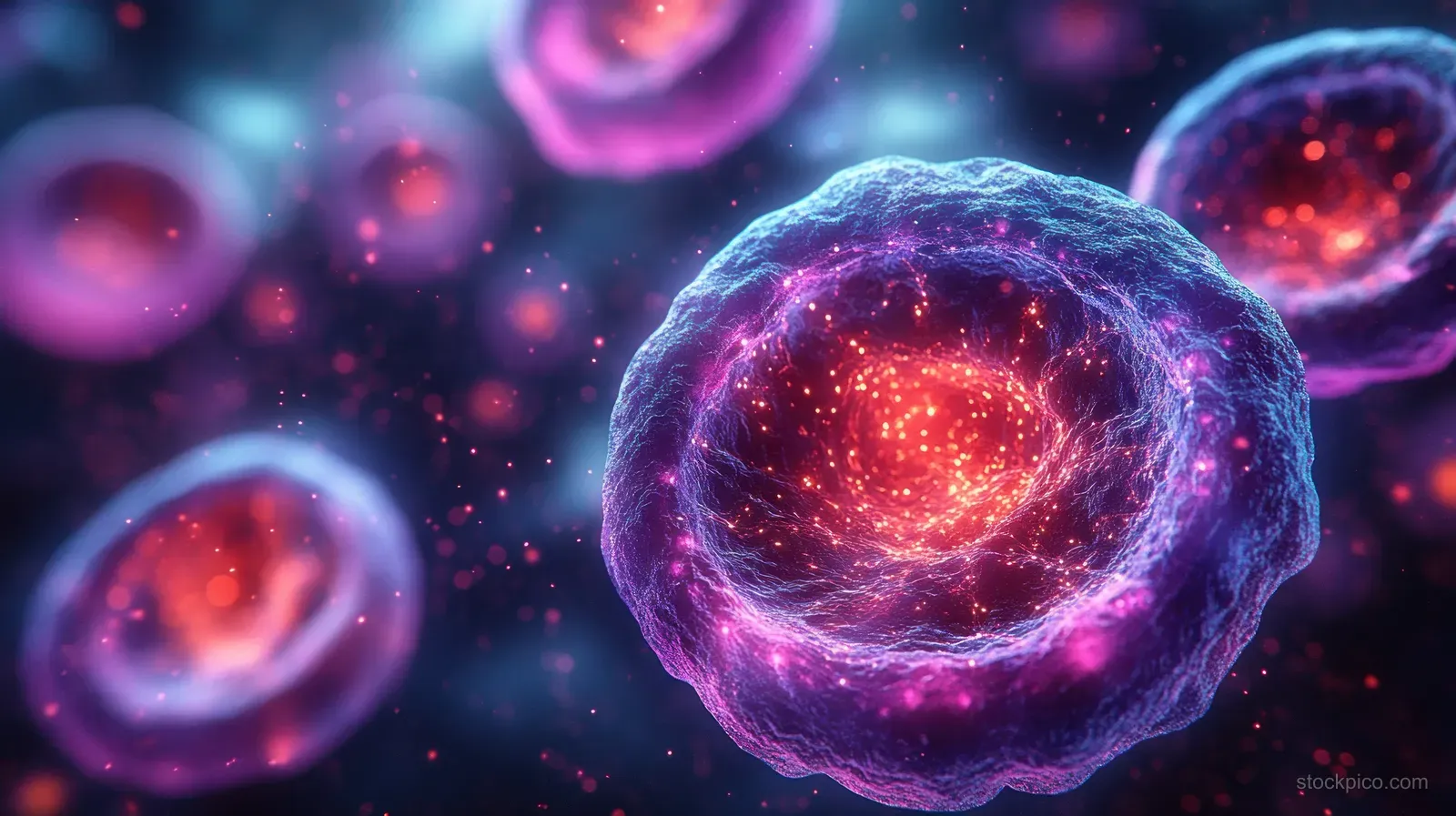 Glowing human stem cell nuclei divide inside a dark 3D microscopic background with floating bioluminescent particles.