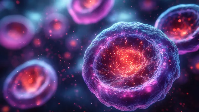Glowing human stem cell nuclei divide inside a dark 3D microscopic background with floating bioluminescent particles.
