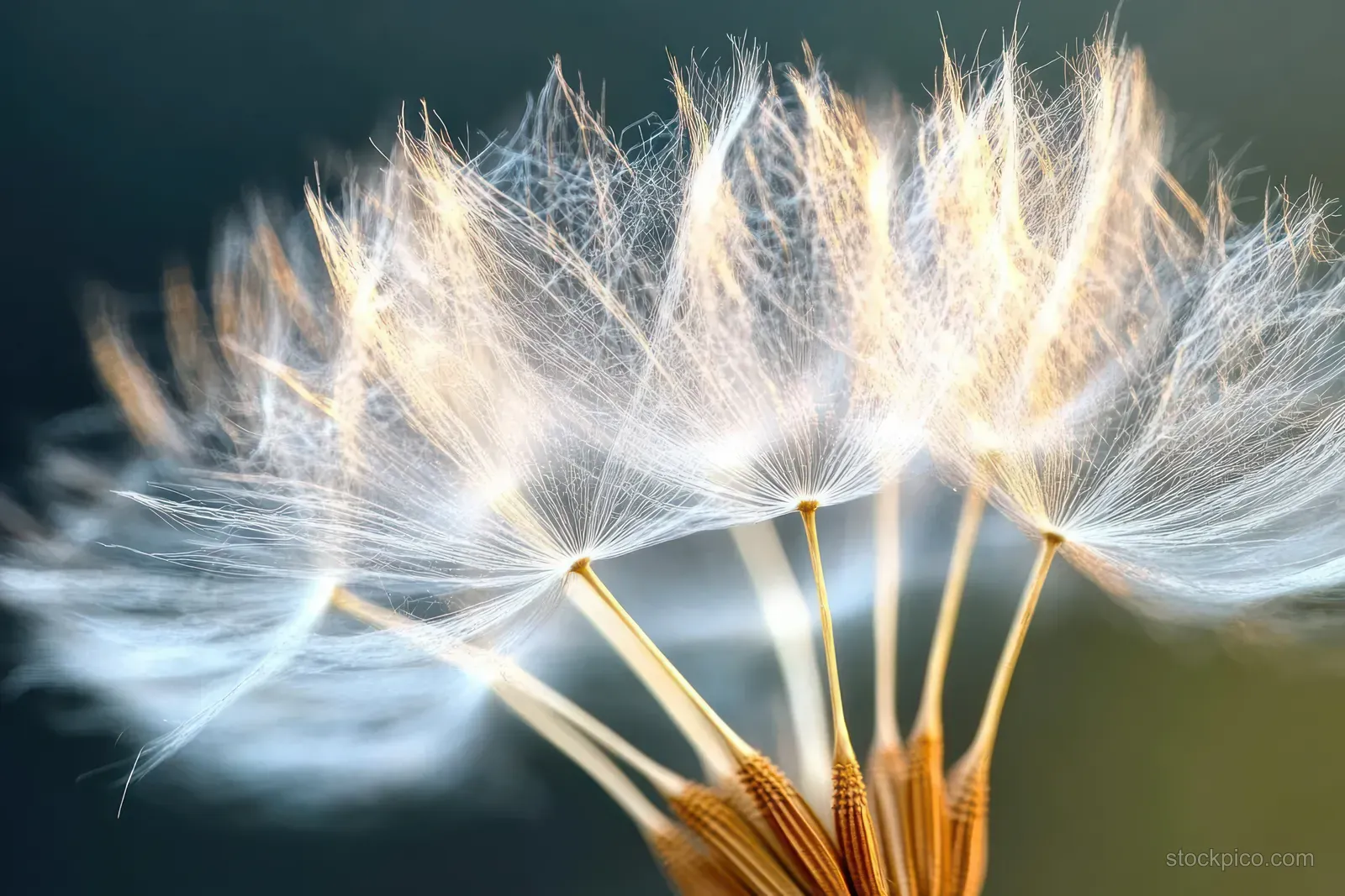 A dandelion seed head close-up shows fine white fibers against a softly blurred green background.