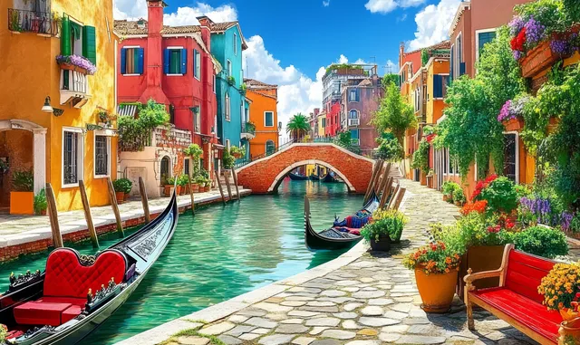 Gondolas rest by a stone canal in Venice as colorful buildings and a red-arched bridge frame turquoise water.