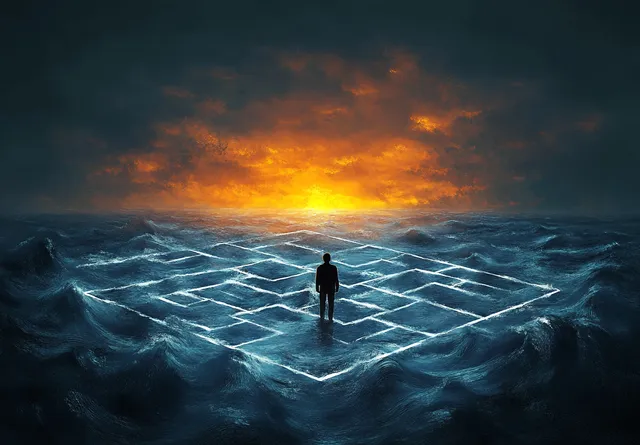Silhouette standing within a glowing maze over turbulent ocean under dramatic orange sunset