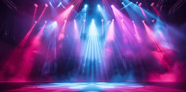 Colorful concert spotlights fan across a dark stage with light beams and haze