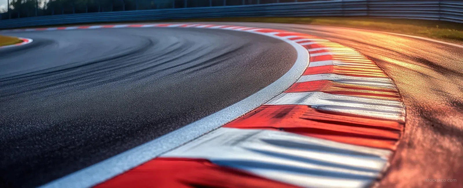 Curved asphalt race track corner with red-and-white striped curbs and visible tire marks under warm sunlight.