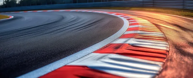 Curved asphalt race track corner with red-and-white striped curbs and visible tire marks under warm sunlight.