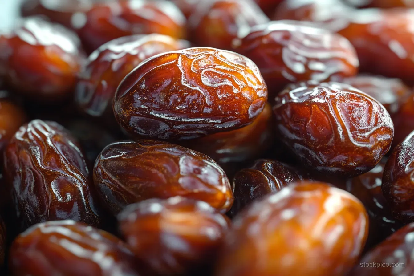 Pile of glossy wrinkled brown dried dates with caramelized highlights in close-up.