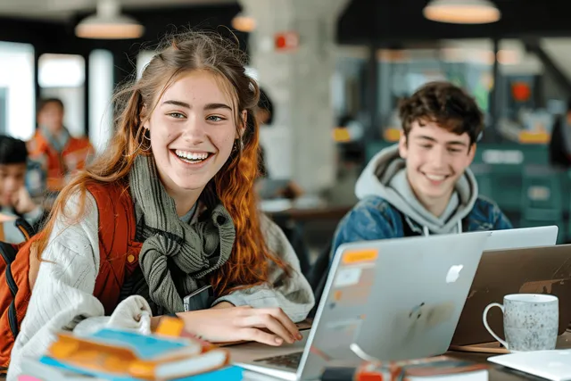 Diverse students studying with laptops at a university cafeteria table, laughing together