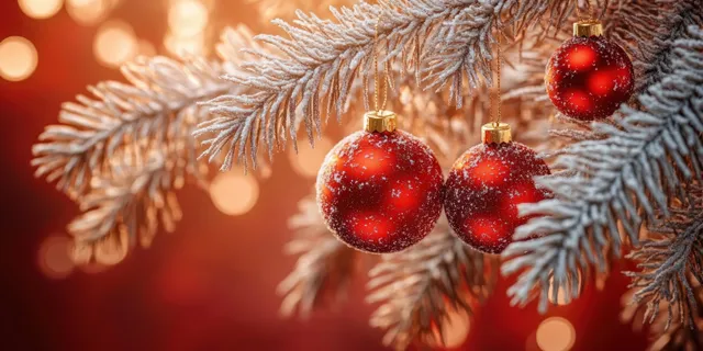 Snow-dusted pine branches hold three red Christmas baubles with warm golden bokeh lights behind them.