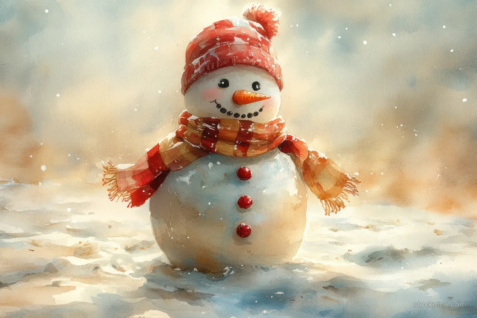 A smiling snowman drifts on shallow turquoise water beside golden sand under warm light.