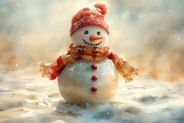 Cheerful snowman floats in ocean waves with golden sand and turquoise water