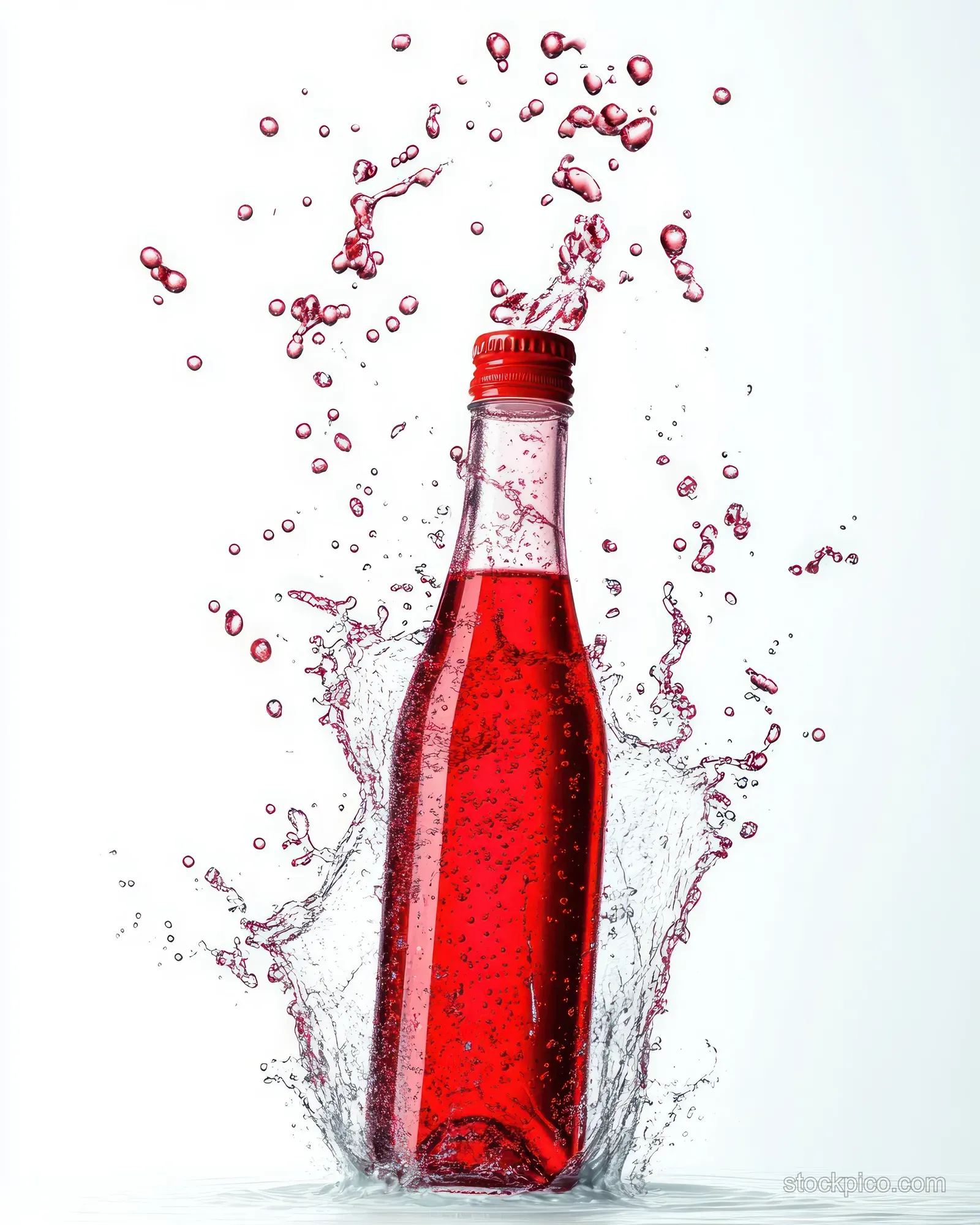 Clear bottle with red liquid and red cap splashing water droplets around it on a white background.