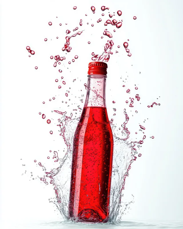 Clear bottle with red liquid and red cap splashing water droplets around it on a white background.