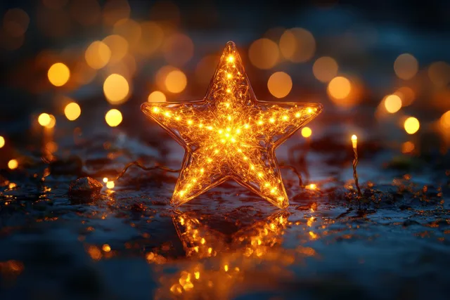A glowing golden star centerpiece on a reflective patriotic night background with warm bokeh lights and sparkles.