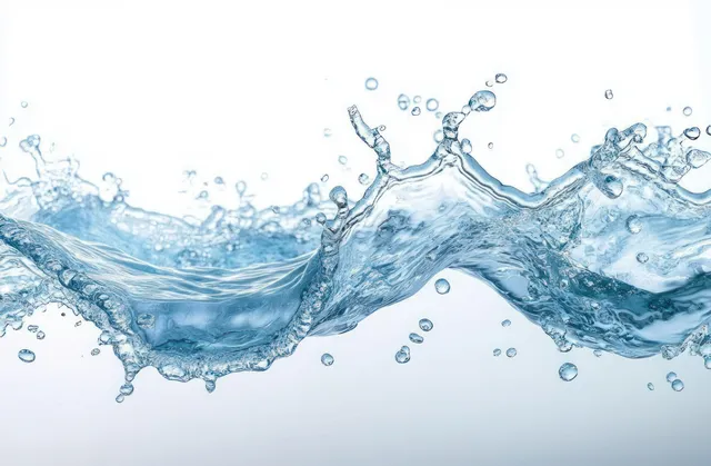 Clear water splashes and bubbles rise in an arc over a white background.