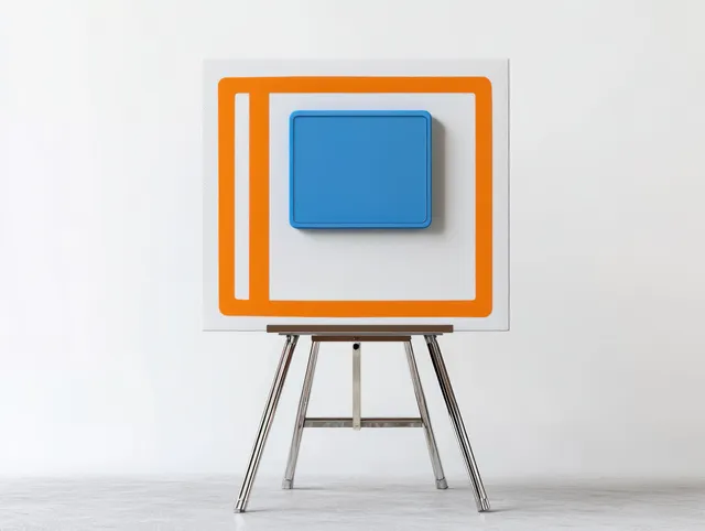 Minimalist canvas artwork on a metallic tripod, with an orange square outline and a raised blue square.