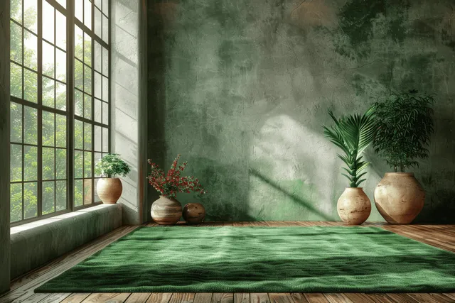 Minimalist room with a large window, potted plants, wooden floor, and green rug.