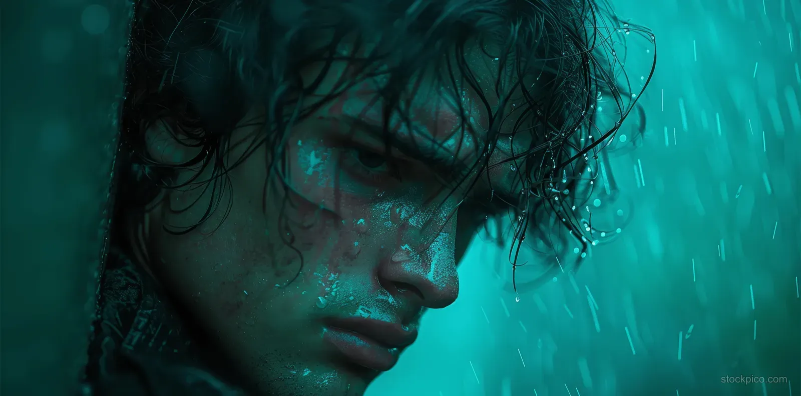 A sad person looks down at a rain-streaked phone screen in moody teal lighting.