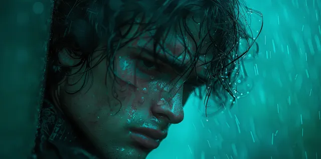Lonely young person faces rain-streaked phone screen, showing digital harassment stress