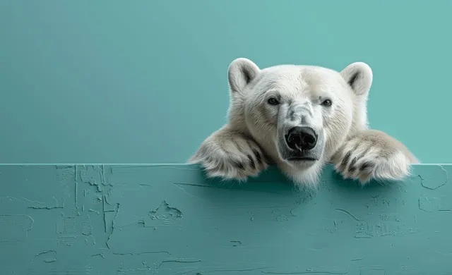 Curious polar bear peeks over a pale teal surface with soft fur detail
