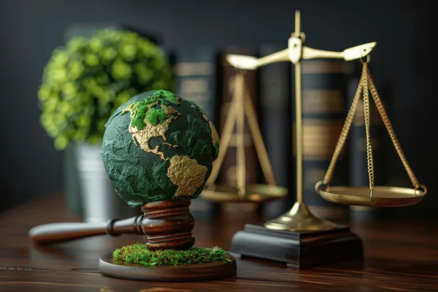 Green globe model on a wooden stand next to brass scales and a gavel in a law office setting.