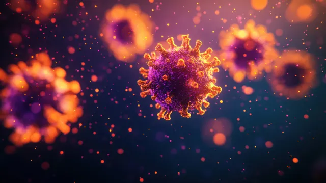 Measles virus particles floating above dark background with glowing orange-purple bokeh