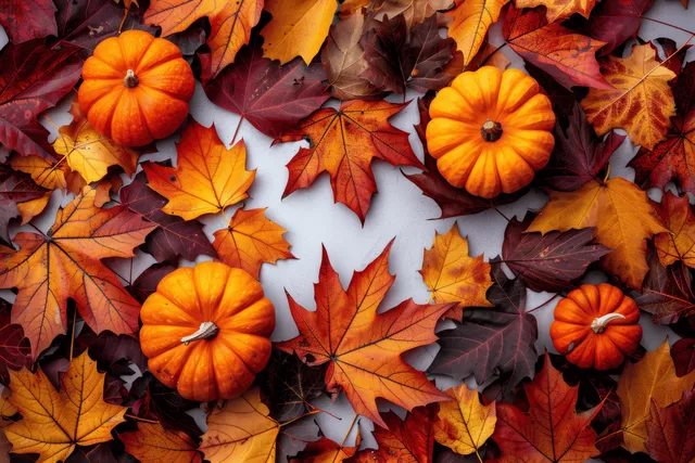 Autumn pumpkins and maple leaves scattered on a white surface, top view frame