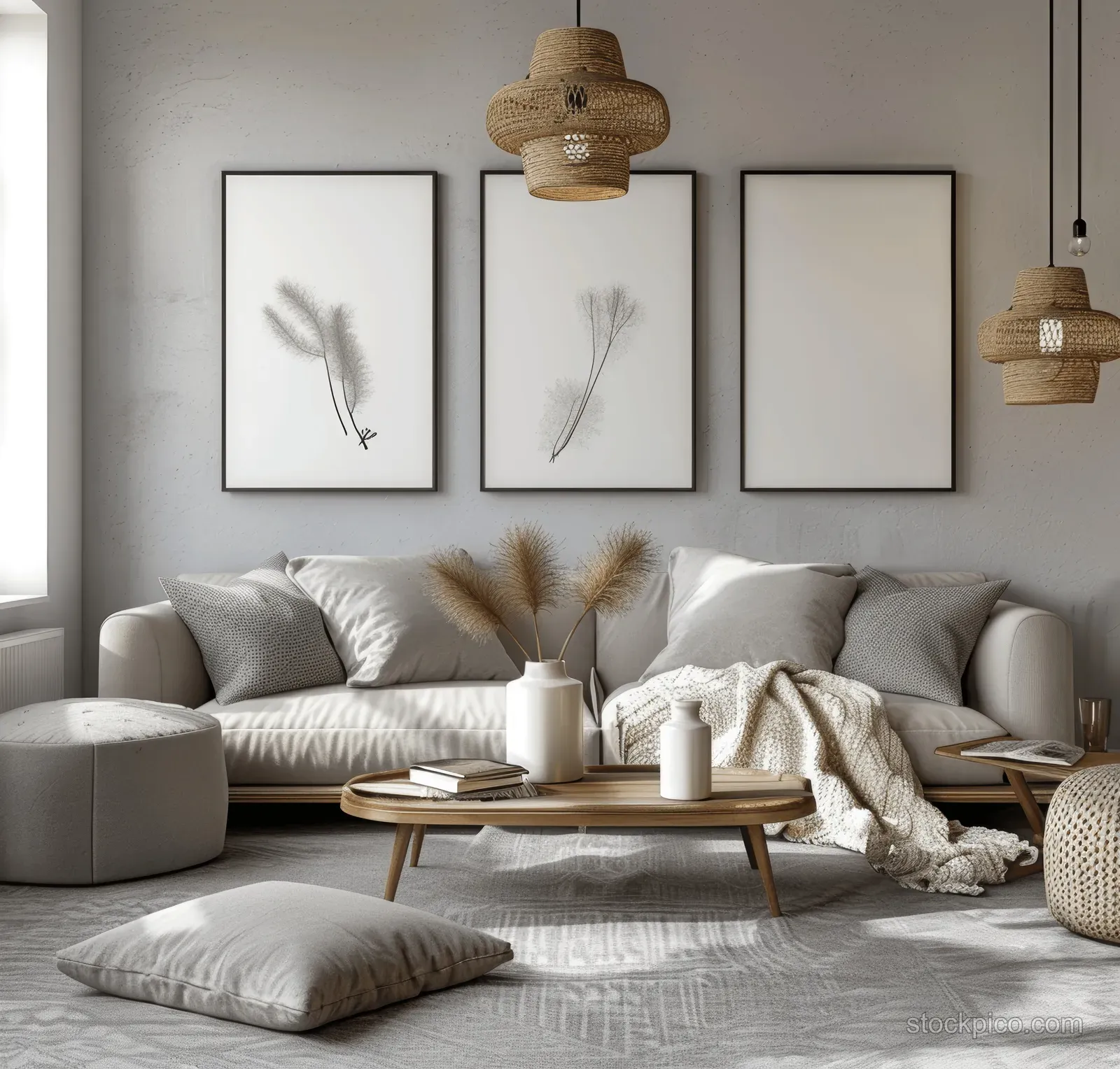 Light Scandinavian living room with a white sofa, black-framed botanical prints, and woven pendant lamps over a wooden coffee table.