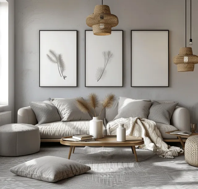 Light Scandinavian living room with a white sofa, black-framed botanical prints, and woven pendant lamps over a wooden coffee table.