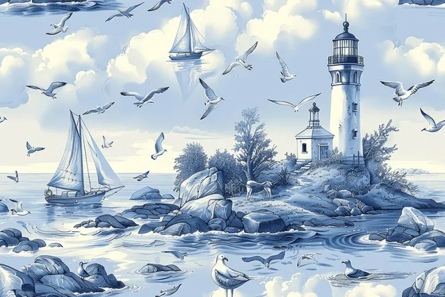 Seamless nautical lighthouse scene with sailboats and seagulls
