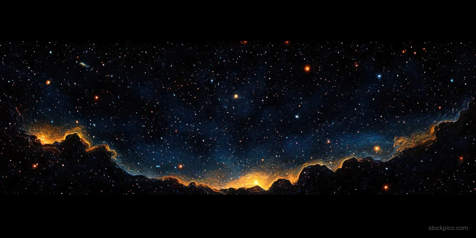 Swirling starry sky stretches across a horizon with glowing clouds and dark mountain silhouettes in silhouette.