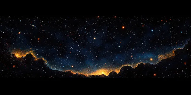 Cosmic night panorama with swirling stars, glowing clouds, and dark mountain silhouettes