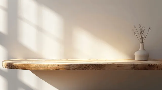 Sunlit wooden tabletop counter with soft window shadows and a small vase in a minimalist interior.