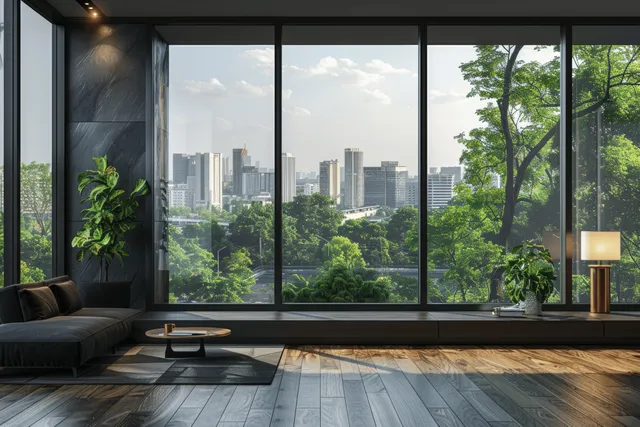 Sunlit modern living room with parquet floor, panoramic windows, and minimal furniture set