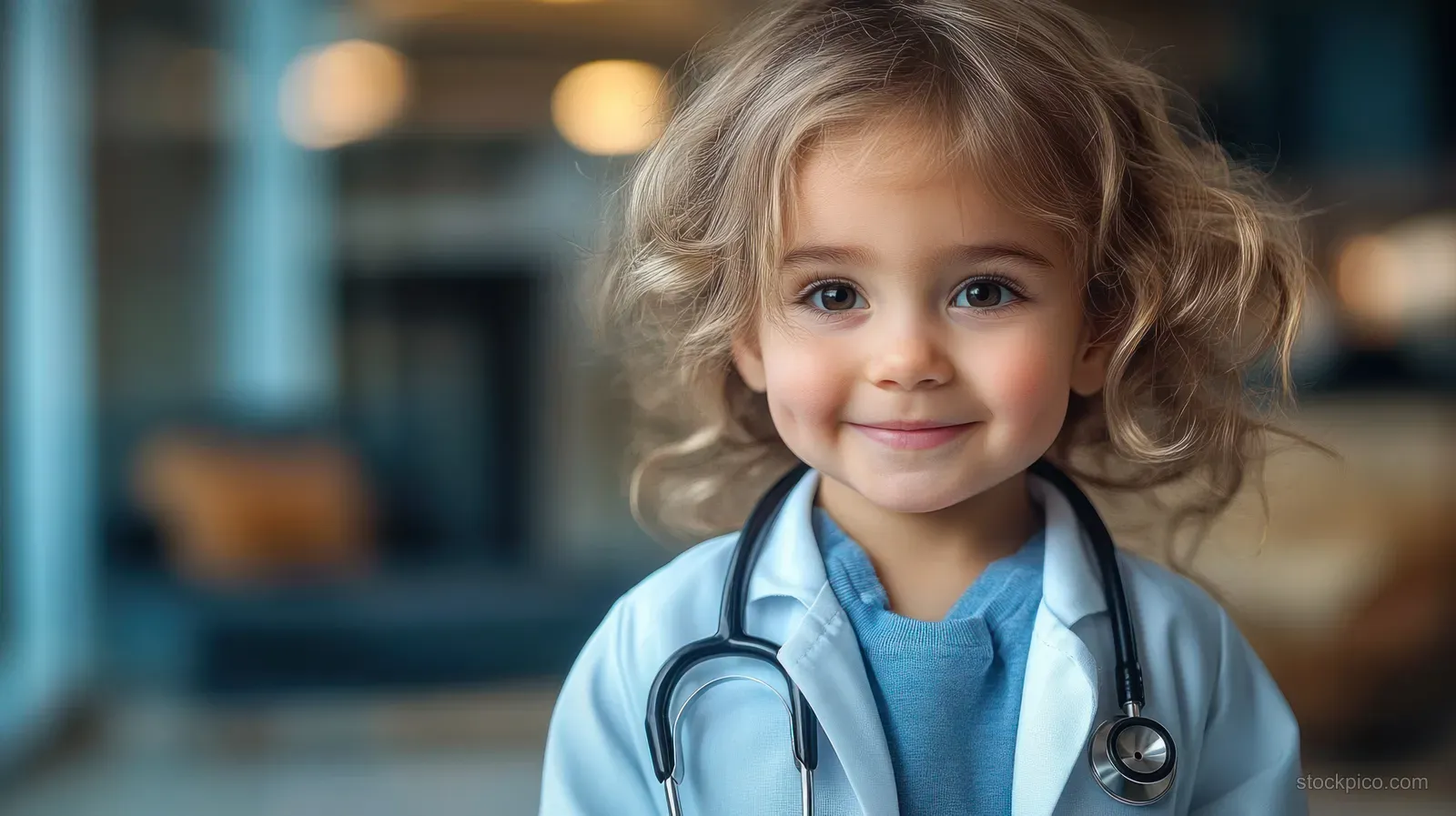 A child in a doctor costume with a stethoscope looks like they are imagining a future medical career indoors.