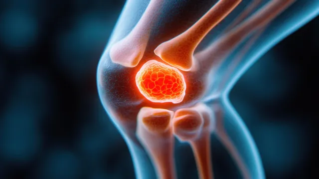 An illustrated knee joint with a bright orange glow marking inflammation on a blue background.