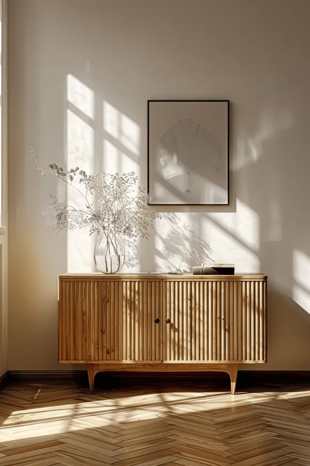 Sunlit minimalist interior with wooden sideboard, parquet floor, and framed artwork
