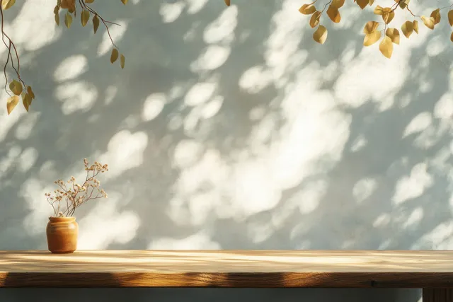 Wood tabletop with potted plant and leaf shadows on light gray wall backdrop