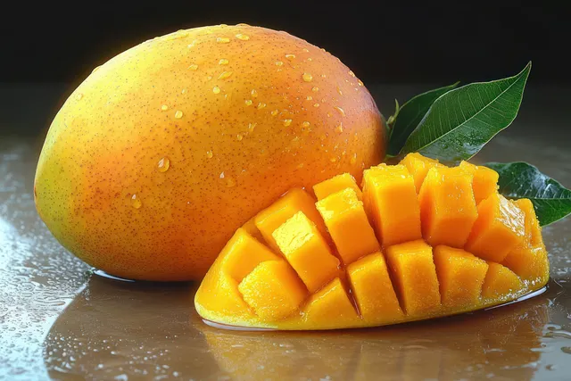 Ripe mango with water droplets sits beside cubed mango slices and green leaves on a reflective surface.