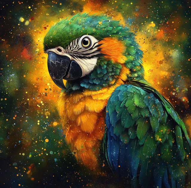 Colorful Parrot Portrait with Dramatic Splash Background and Detailed Feathers