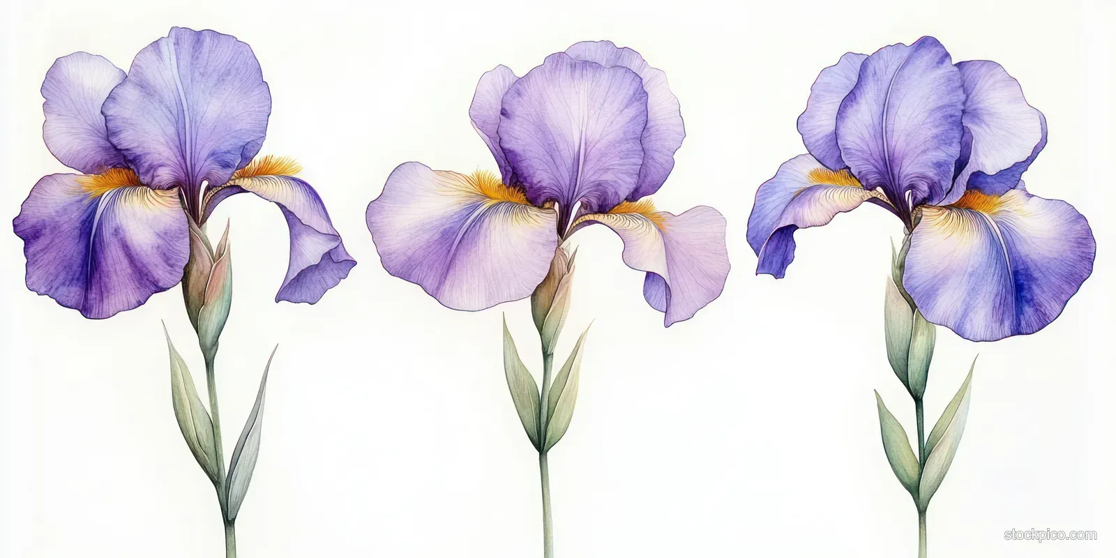 Three purple iris flowers with green stems are illustrated in watercolor against a white background.