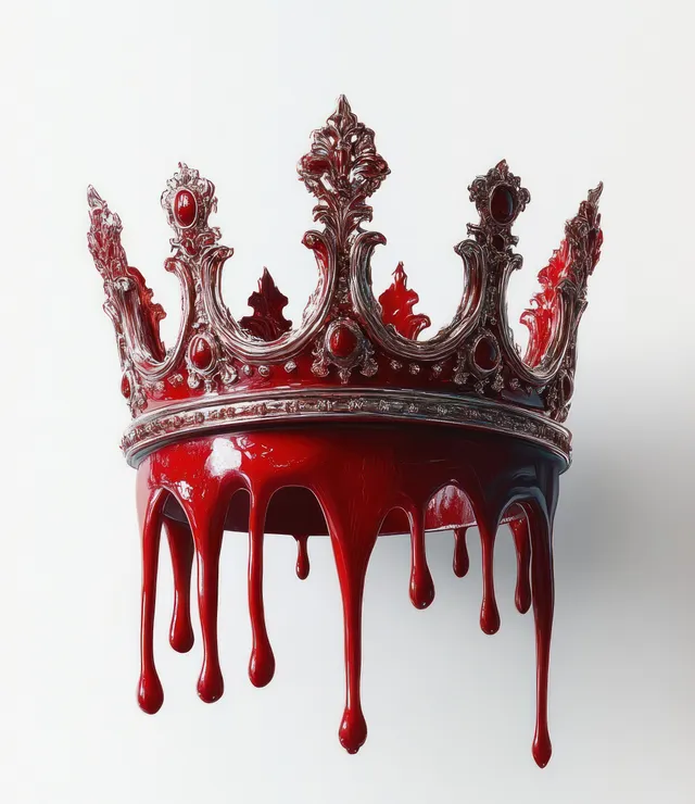 A jeweled medieval crown sits on white with thick crimson liquid dripping from its edges.