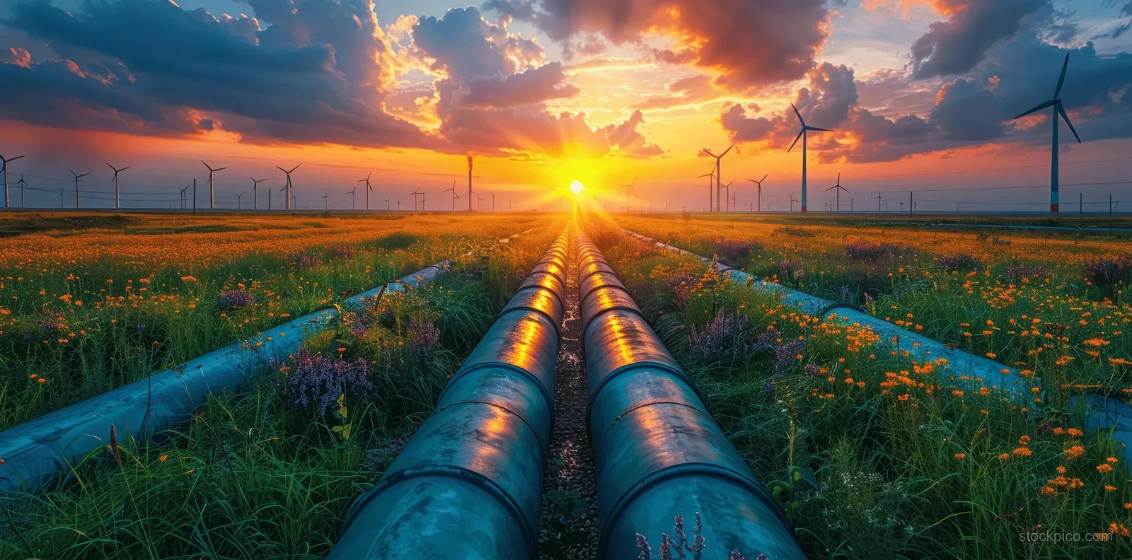 Blue hydrogen pipeline leads across a green field toward rotating wind turbines beneath a sunset.