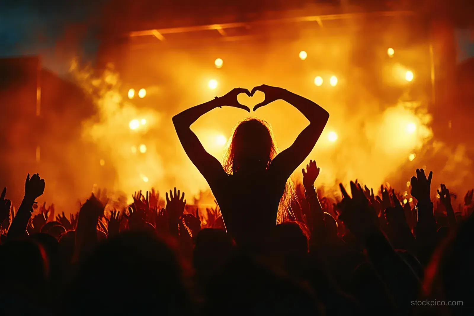 Silhouetted concert crowd with a person forming a heart gesture, backlit by warm orange stage lights.