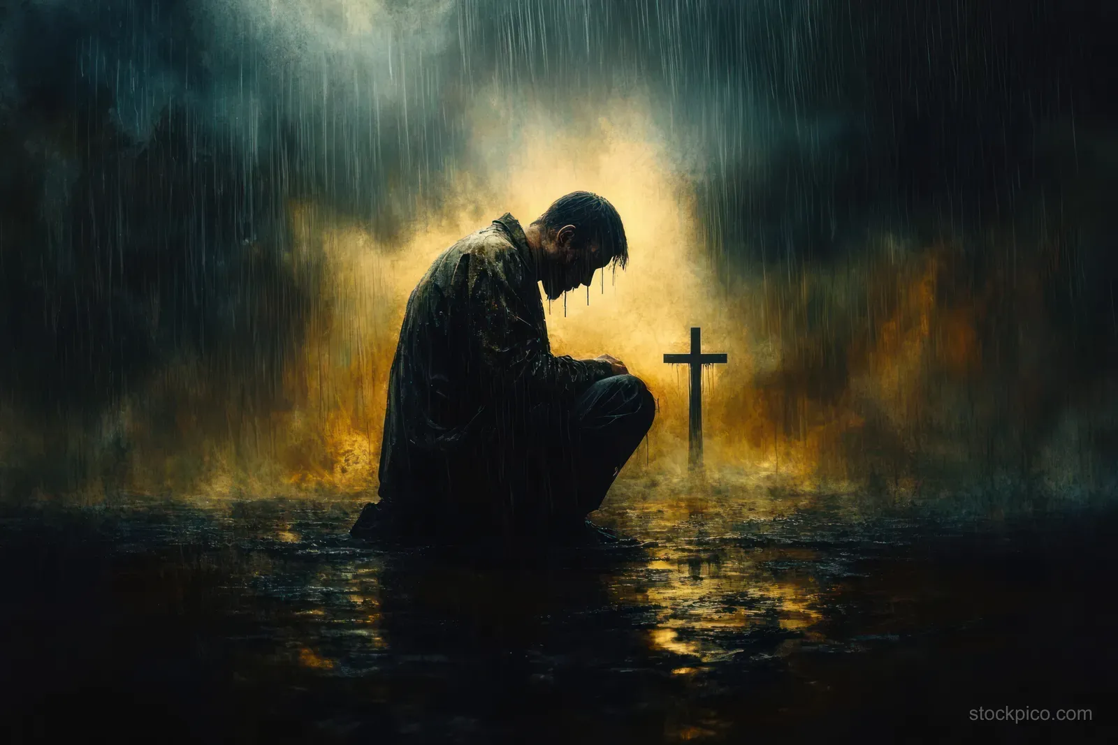 A kneeling man prays in heavy rain under a glowing cross, with dramatic light and shadow behind him.
