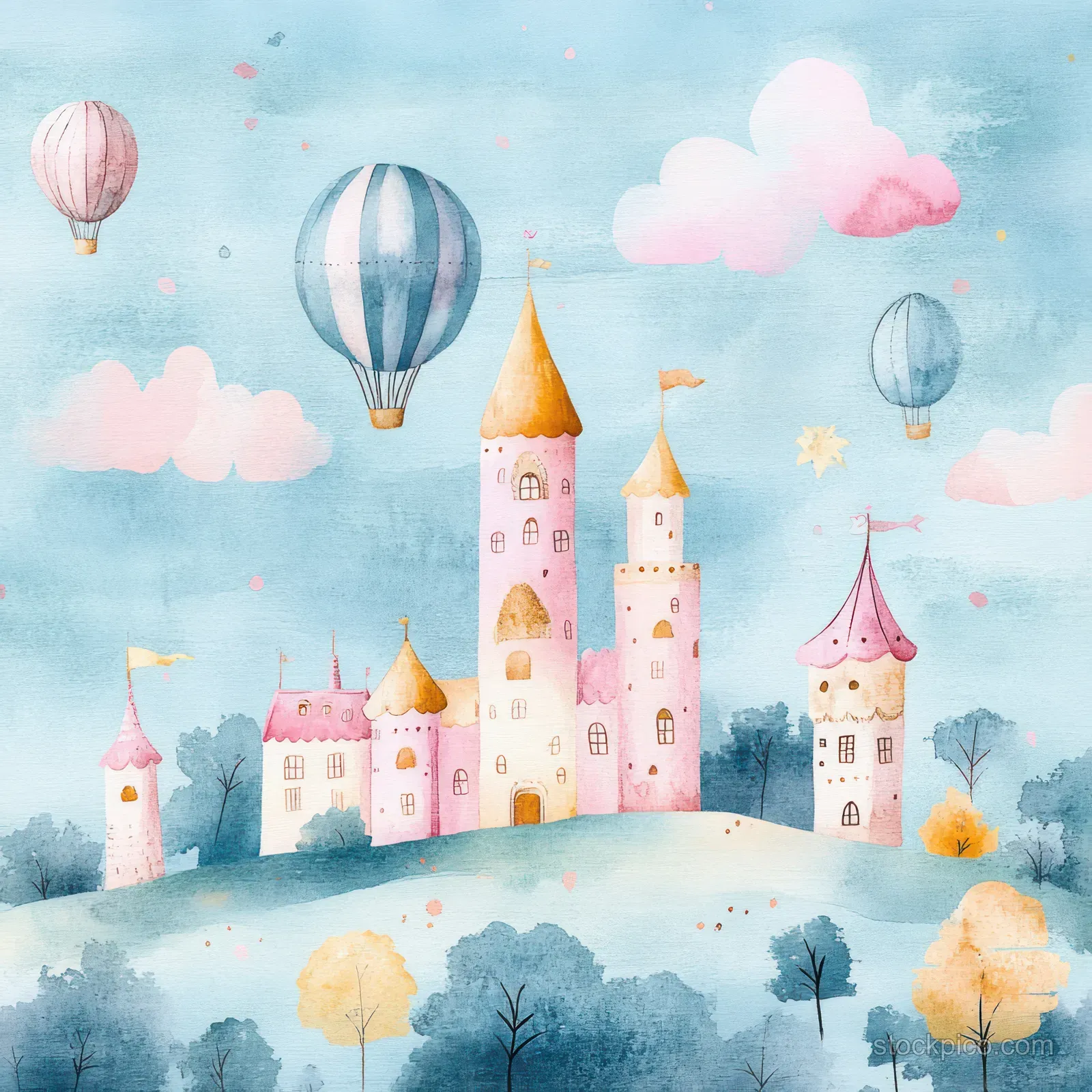 Pastel castle towers sit on a snowy hill as hot air balloons float above clouds in a whimsical watercolor scene.