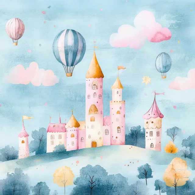 Pastel castle towers sit on a snowy hill as hot air balloons float above clouds in a whimsical watercolor scene.